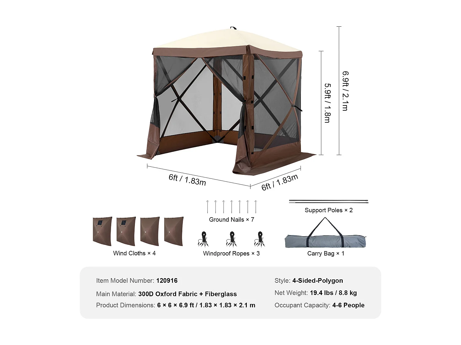 Tonnelle SucceBuy Tente Tonnelle Escamotable, Abri Solaire à 4 Côtés avec Panneaux D'intimité et Fenêtres, 1,8 x 1,8 M avec Moustiquaire, Marron