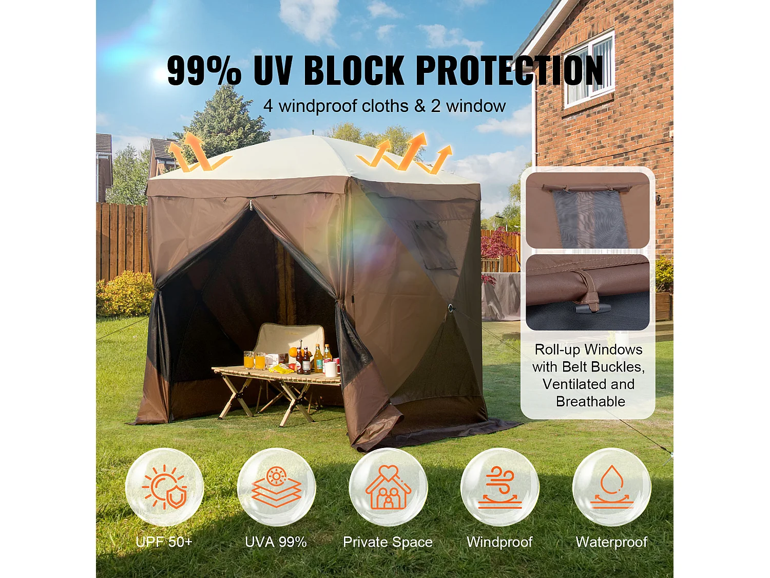 Tonnelle SucceBuy Tente Tonnelle Escamotable, Abri Solaire à 4 Côtés avec Panneaux D'intimité et Fenêtres, 1,8 x 1,8 M avec Moustiquaire, Marron