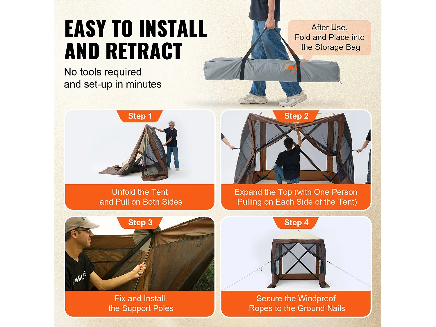 Tonnelle SucceBuy Tente Tonnelle Escamotable, Abri Solaire à 4 Côtés avec Panneaux D'intimité et Fenêtres, 1,8 x 1,8 M avec Moustiquaire, Marron