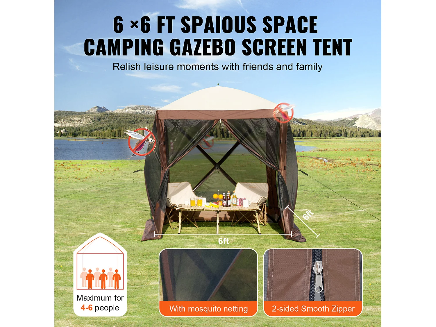 Tonnelle SucceBuy Tente Tonnelle Escamotable, Abri Solaire à 4 Côtés avec Panneaux D'intimité et Fenêtres, 1,8 x 1,8 M avec Moustiquaire, Marron