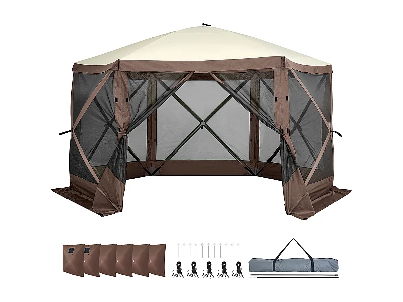 Tent SucceBuy Pop-Up Gazebo Tent, 6-Zijdige Zonneluifel met Verwijderbare Privacypanelen en Gaasramen, 350,5 x 350,5 Cm