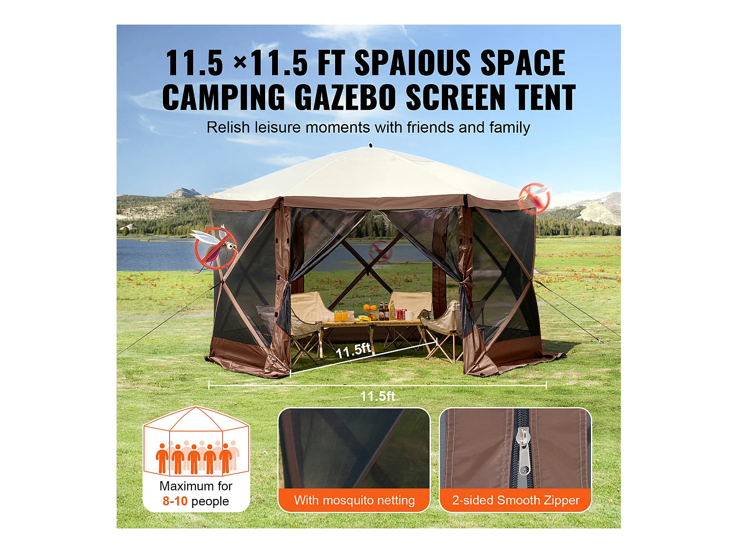 Pavillonzelt SucceBuy Pop-Up-Pavillonzelt, 6-Seitiger Sonnenschutz mit Abnehmbaren Sichtschutzwänden und Netzfenstern, 350,5 x 350,5 Cm