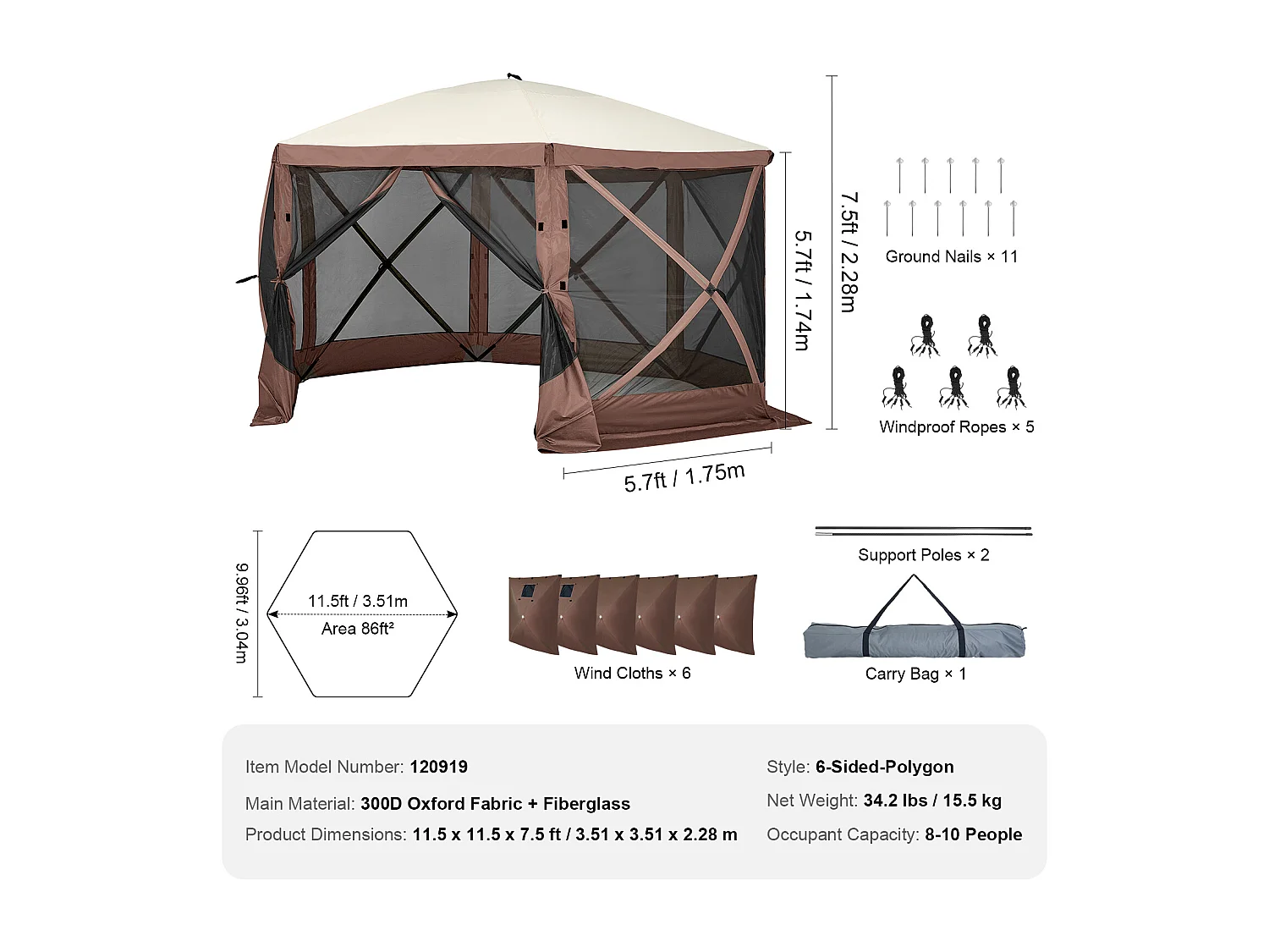 Tonnelle SucceBuy Tente Tonnelle Escamotable,Abri Solaire à 6 Côtés avec Panneaux D'intimité Amovibles et Fenêtres en Maille, 350.5 x 350.5 Cm