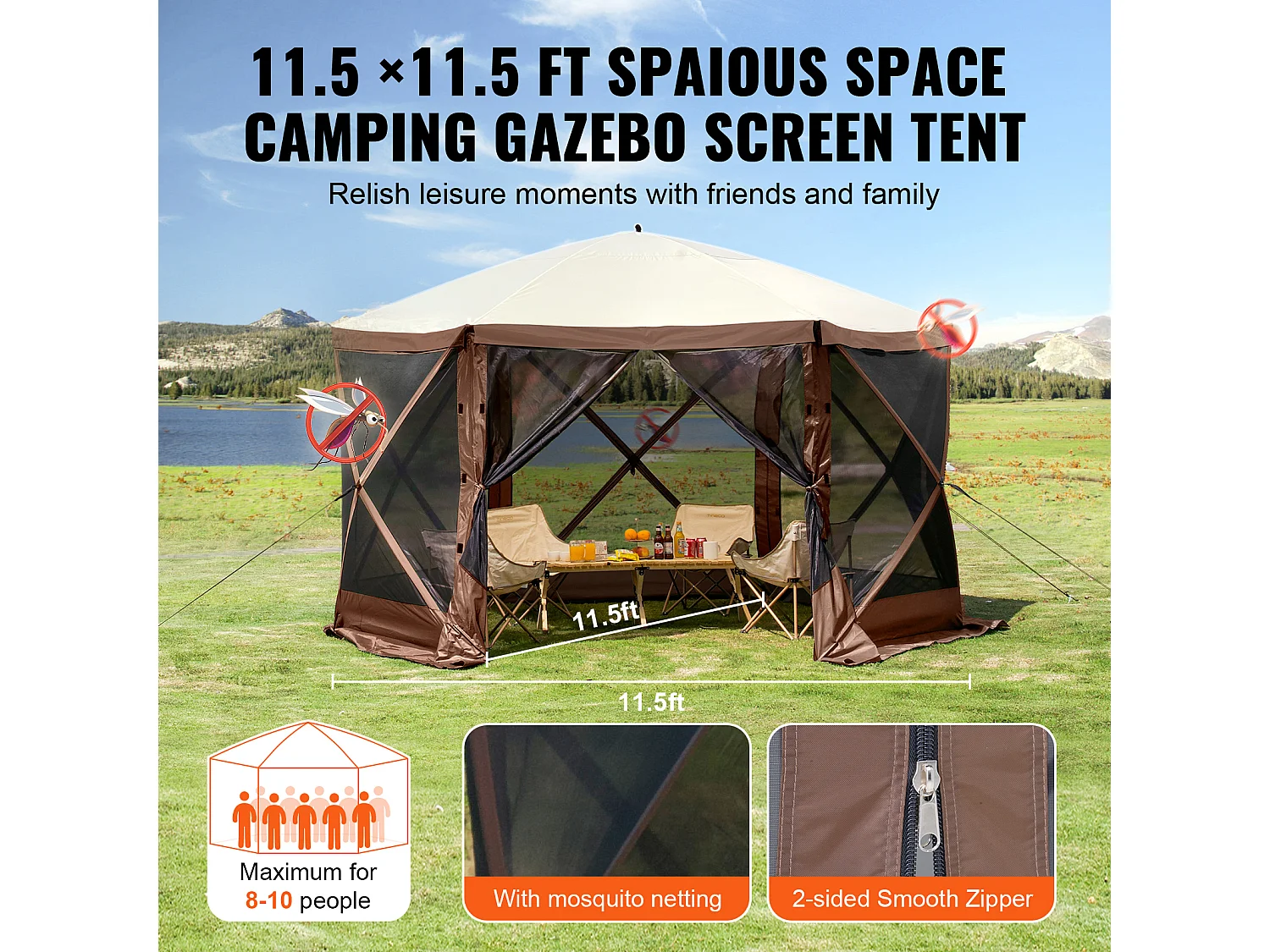 Tonnelle SucceBuy Tente Tonnelle Escamotable,Abri Solaire à 6 Côtés avec Panneaux D'intimité Amovibles et Fenêtres en Maille, 350.5 x 350.5 Cm