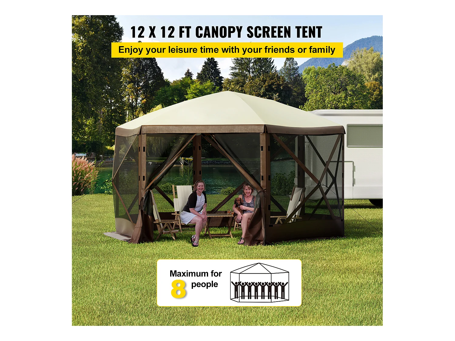 Tonnelle SucceBuy Gazebo de camping escamotable 365Cm x 365Cm, Abri à Auvent à 6 Côtés, Pare-Soleil