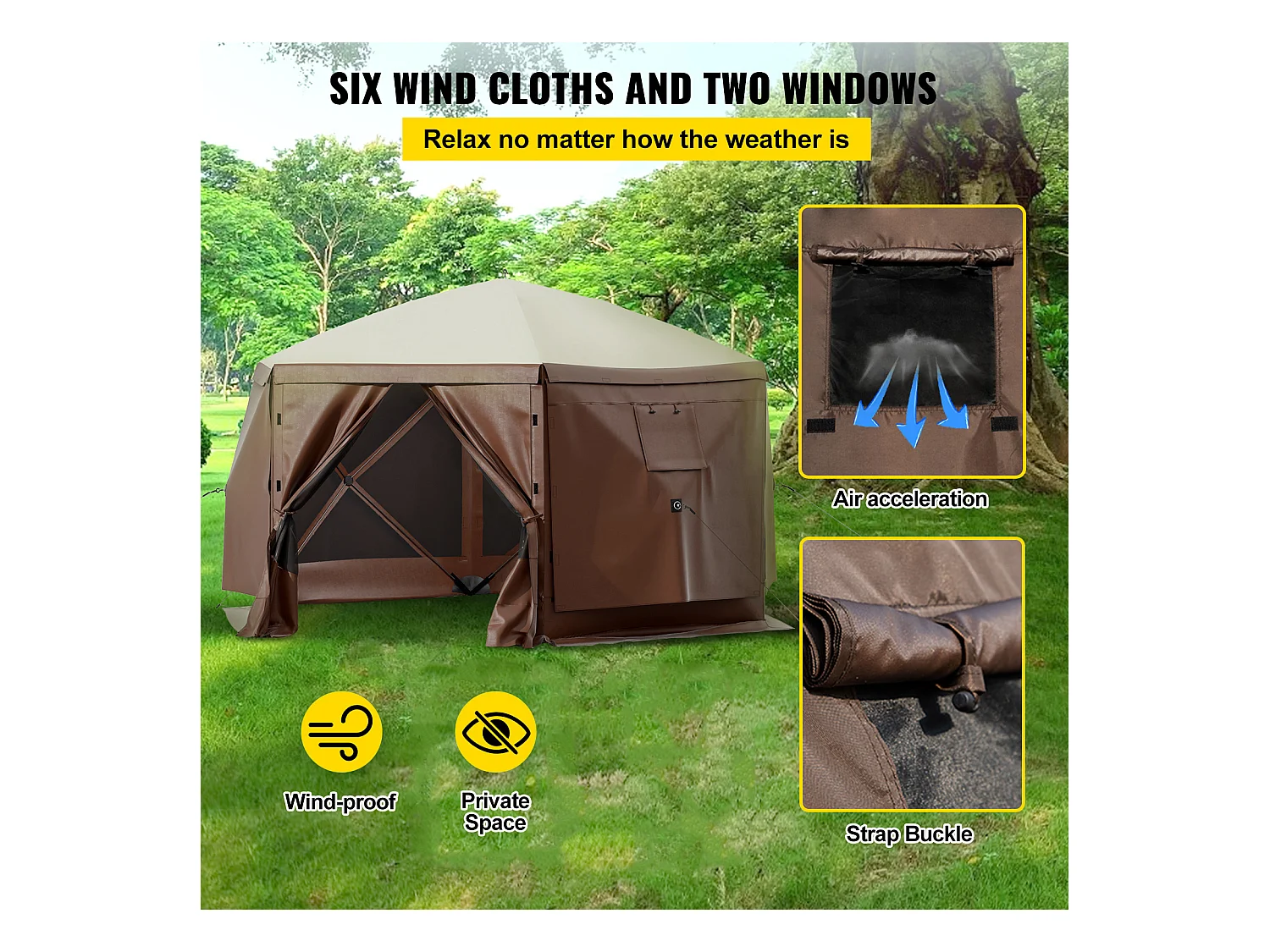 Tonnelle SucceBuy Gazebo de camping escamotable 365Cm x 365Cm, Abri à Auvent à 6 Côtés, Pare-Soleil