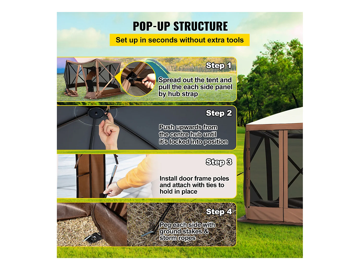 Tonnelle SucceBuy Gazebo de camping escamotable 365Cm x 365Cm, Abri à Auvent à 6 Côtés, Pare-Soleil