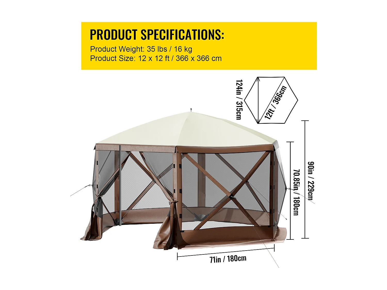Tent SucceBuy Pop-Up Camping Gazebo 365Cm x 365Cm, 6-Zijdige Luifel, Zonwering