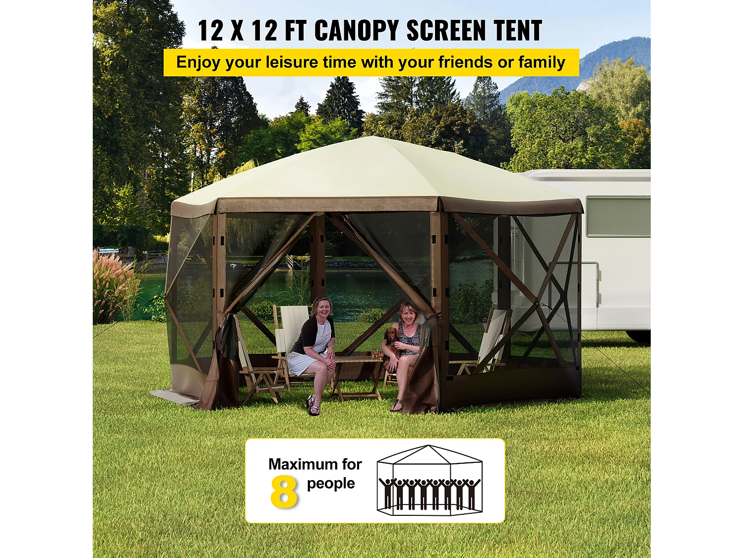 Tent SucceBuy Pop-Up Camping Gazebo 365Cm x 365Cm, 6-Zijdige Luifel, Zonwering