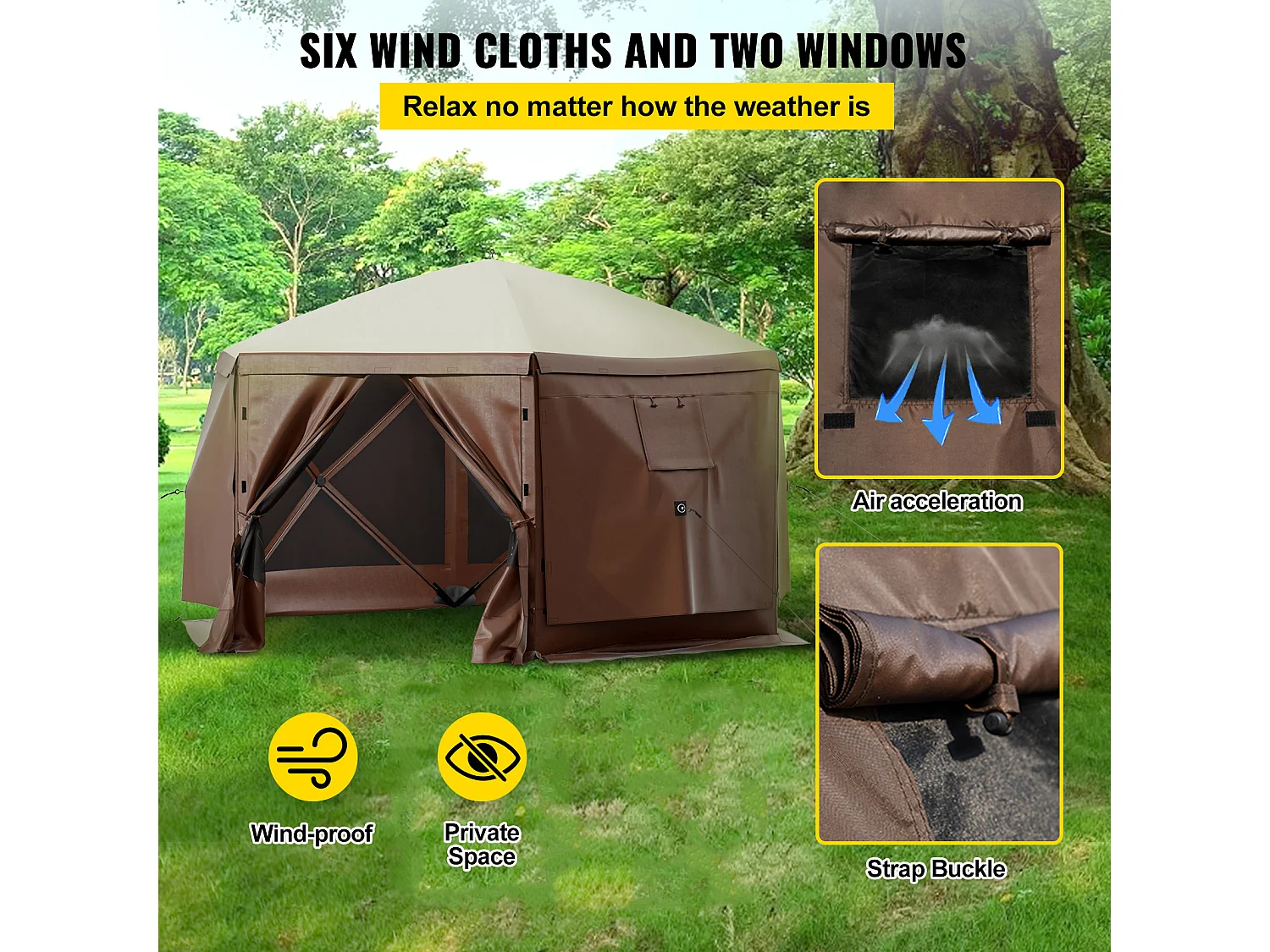 Tent SucceBuy Pop-Up Camping Gazebo 365Cm x 365Cm, 6-Zijdige Luifel, Zonwering