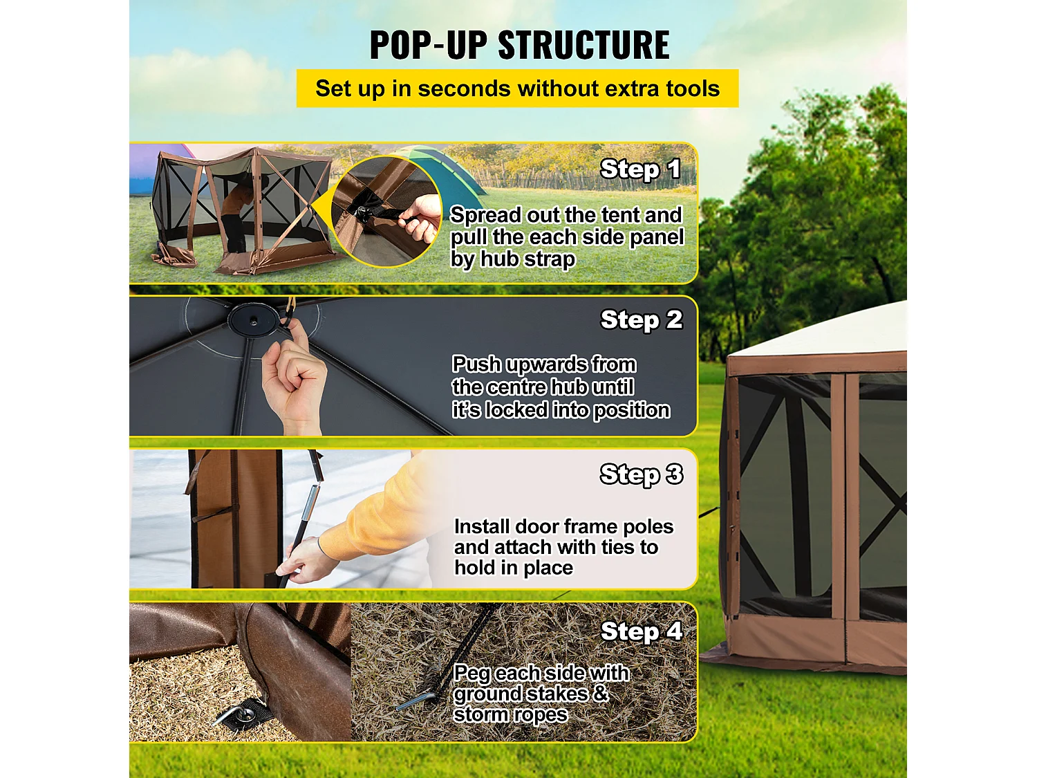 Tent SucceBuy Pop-Up Camping Gazebo 365Cm x 365Cm, 6-Zijdige Luifel, Zonwering