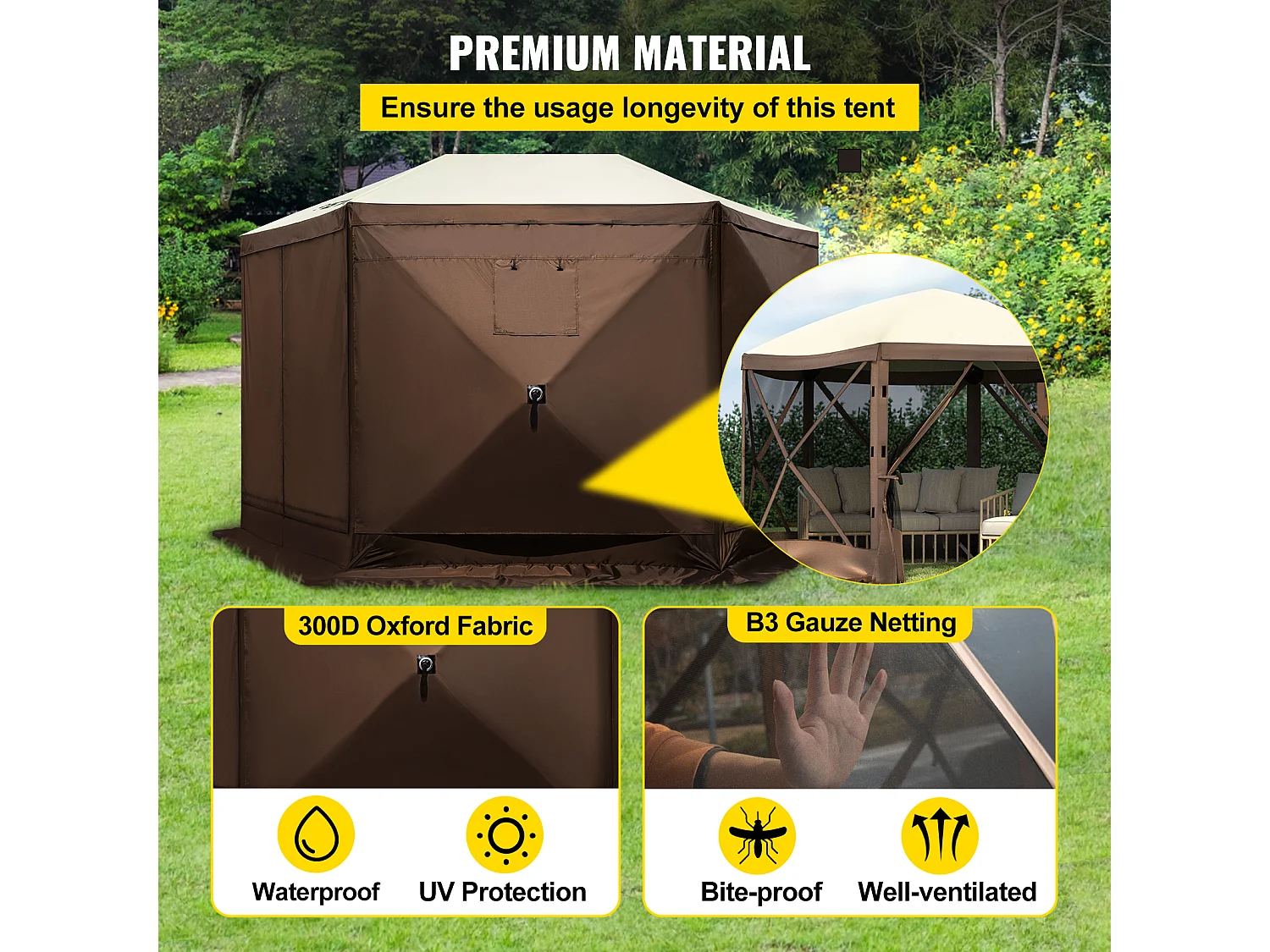 Tent SucceBuy Pop-Up Camping Gazebo 365Cm x 365Cm, 6-Zijdige Luifel, Zonwering
