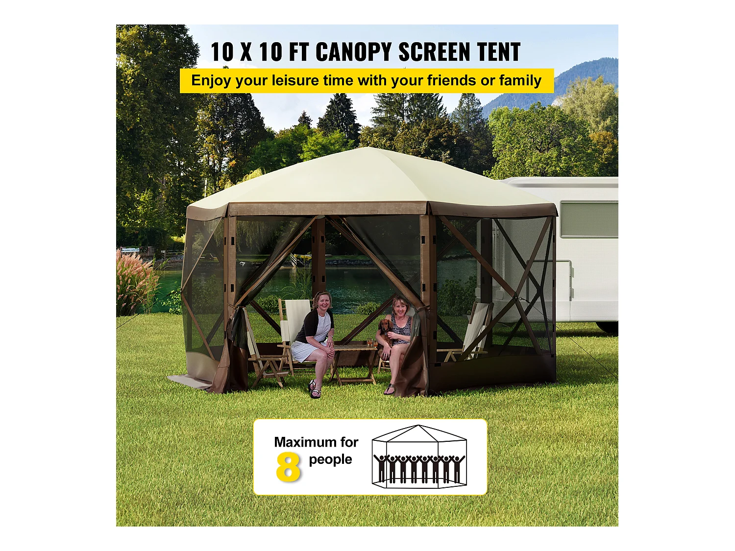 Tonnelle SucceBuy Tente de Jardin, Abri de Camping Pop-Up à 6 Côtés de 305 x 305 Cm avec Fenêtres en Maille, Sac de Transport Portable et Piquets de Sol