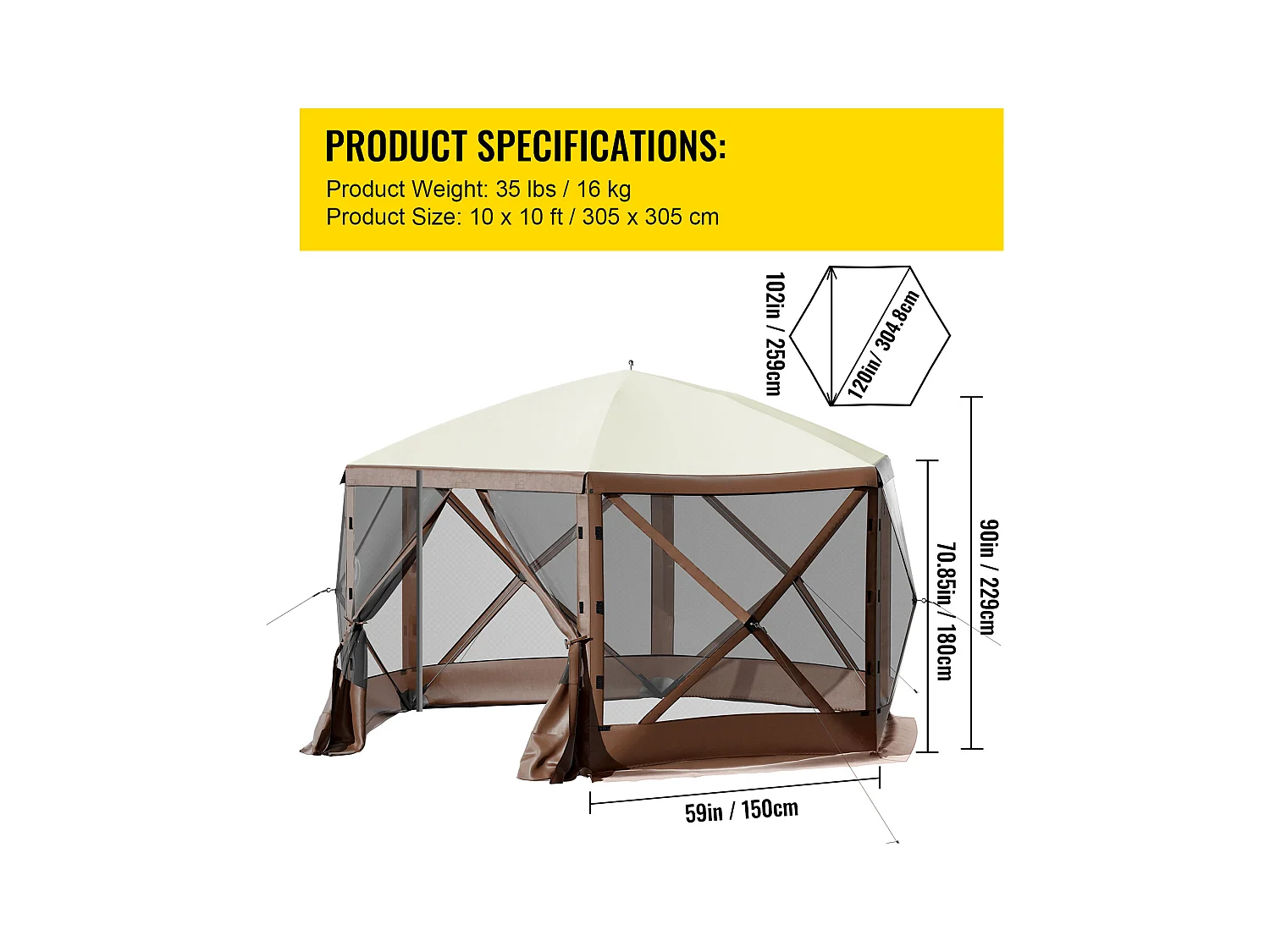 Pavillonzelt SucceBuy Pavillon-Gartenzelt, 305 x 305 Cm, 6-Seitiger Pop-Up-Campingunterstand mit Netzfenstern, Tragbarer Tragetasche und Erdnägeln