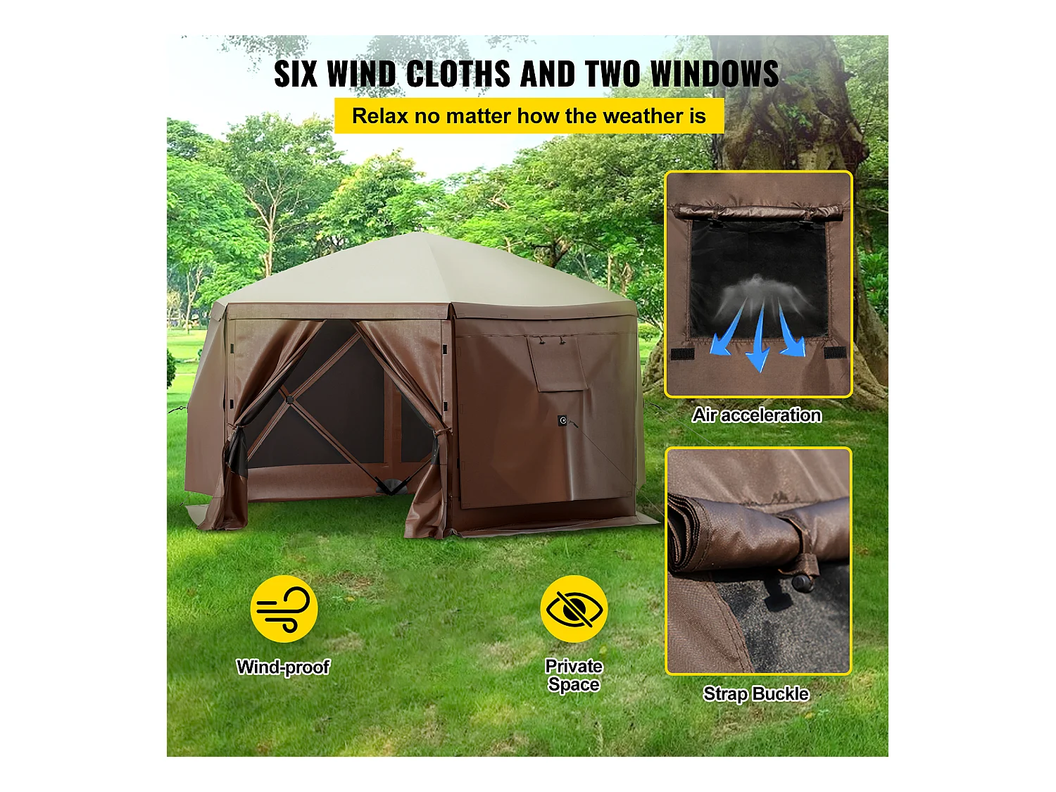 Pavillonzelt SucceBuy Pavillon-Gartenzelt, 305 x 305 Cm, 6-Seitiger Pop-Up-Campingunterstand mit Netzfenstern, Tragbarer Tragetasche und Erdnägeln