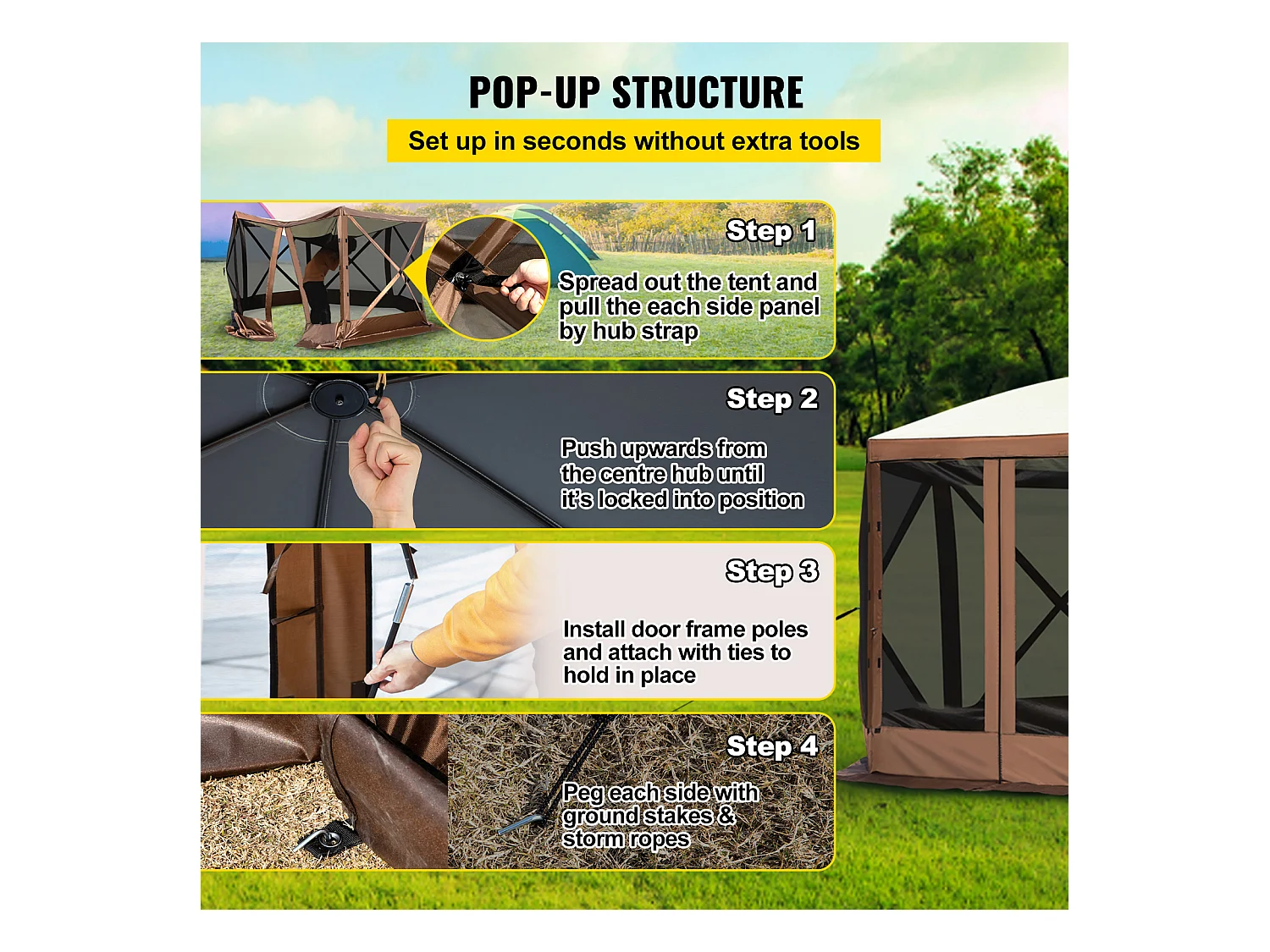 Pavillonzelt SucceBuy Pavillon-Gartenzelt, 305 x 305 Cm, 6-Seitiger Pop-Up-Campingunterstand mit Netzfenstern, Tragbarer Tragetasche und Erdnägeln