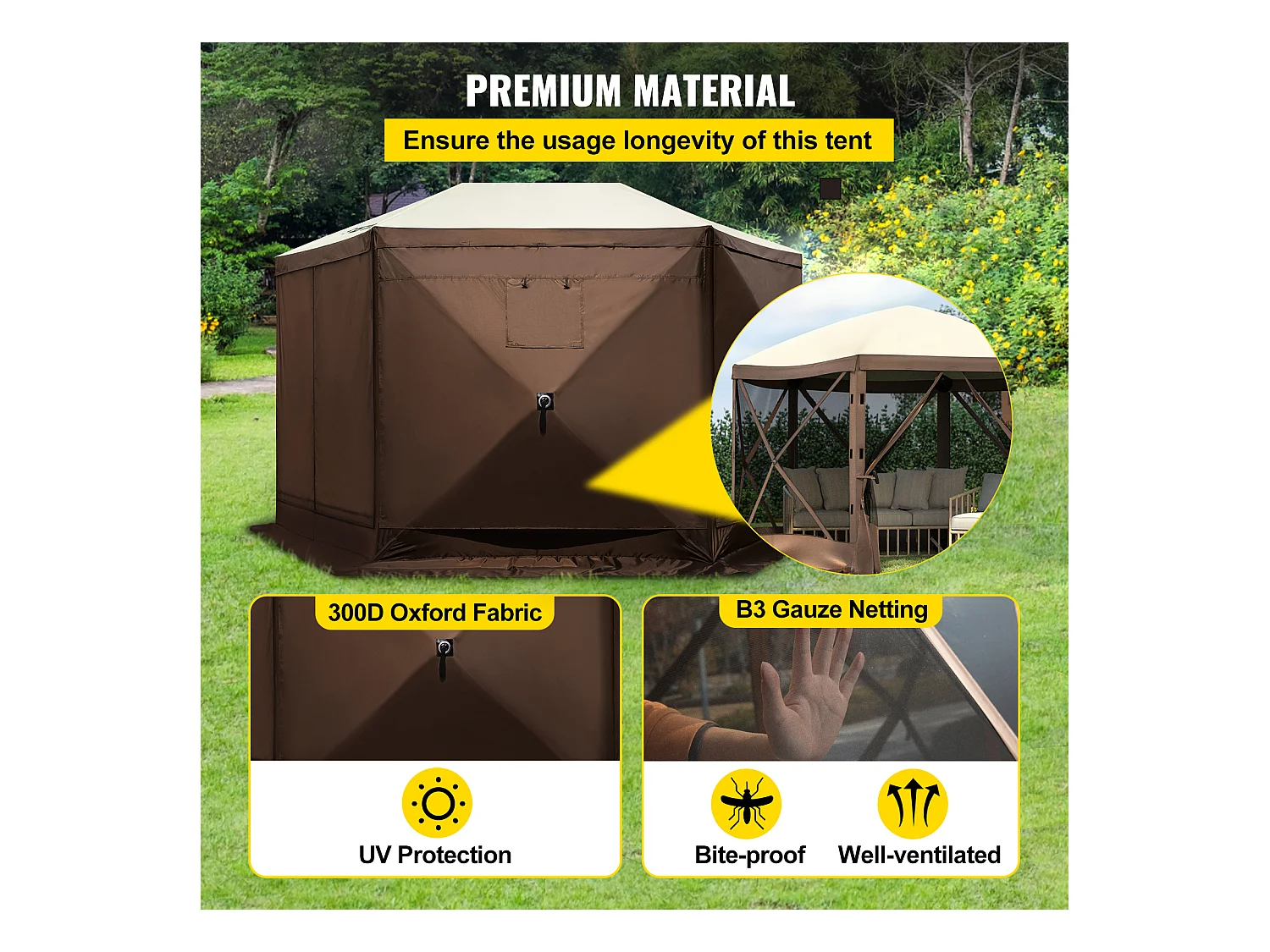 Pavillonzelt SucceBuy Pavillon-Gartenzelt, 305 x 305 Cm, 6-Seitiger Pop-Up-Campingunterstand mit Netzfenstern, Tragbarer Tragetasche und Erdnägeln