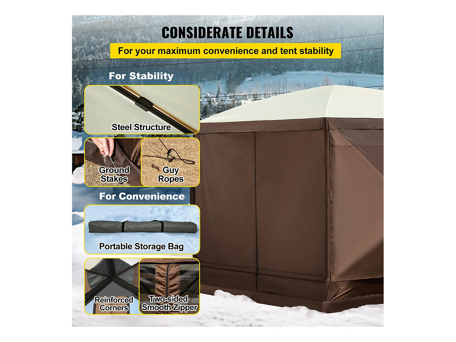 Pavillonzelt SucceBuy Pavillon-Gartenzelt, 305 x 305 Cm, 6-Seitiger Pop-Up-Campingunterstand mit Netzfenstern, Tragbarer Tragetasche und Erdnägeln