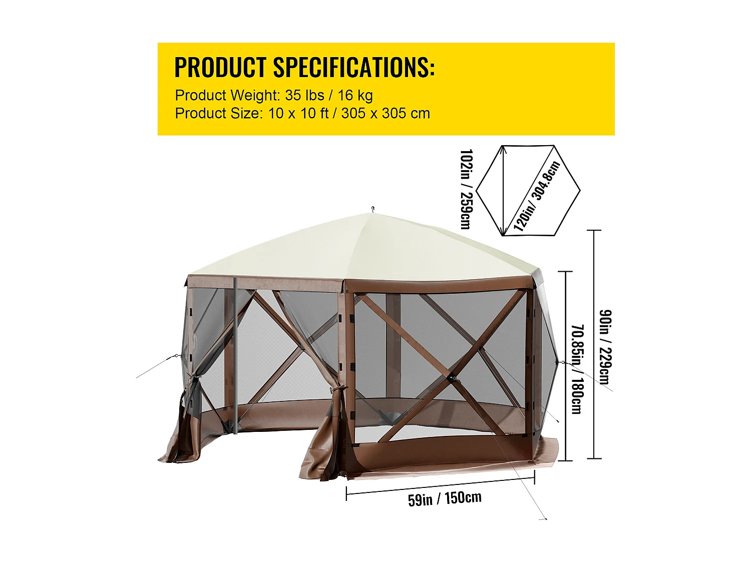 Tent SucceBuy Gazebo Tuintent, 305 x 305 Cm 6-Zijdige Opvouwbare Kampeerschuilplaats met Gaasramen, Draagbare Draagtas en Grondpennen