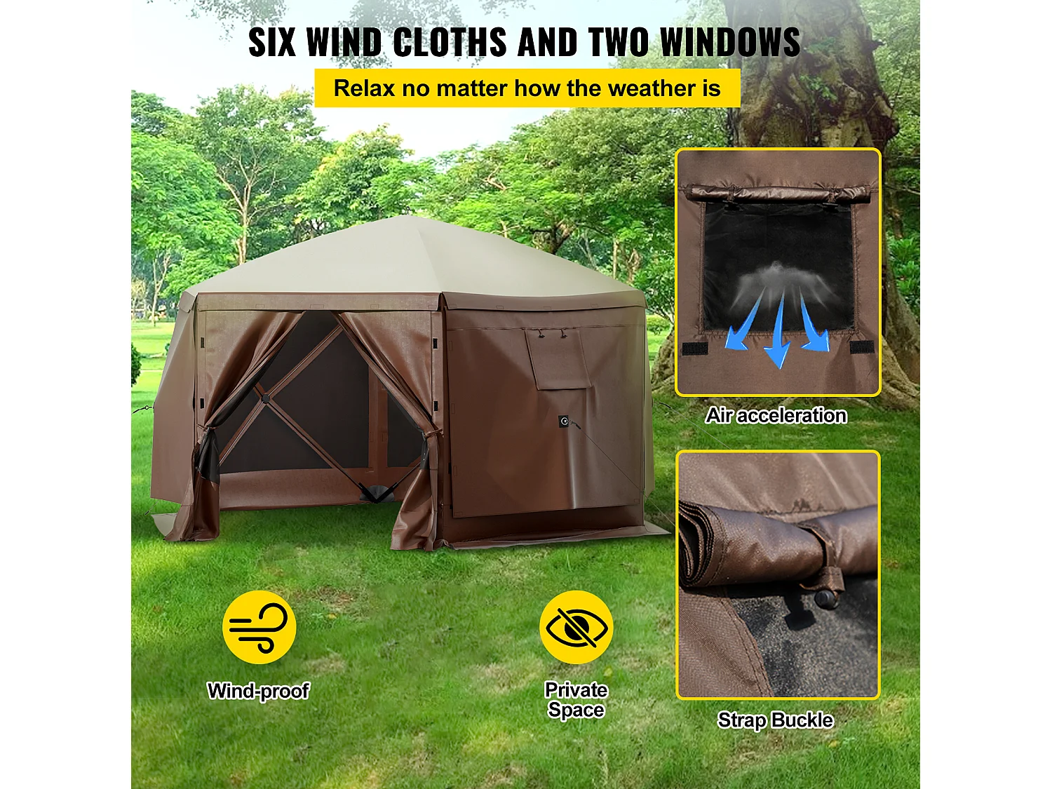 Tent SucceBuy Gazebo Tuintent, 305 x 305 Cm 6-Zijdige Opvouwbare Kampeerschuilplaats met Gaasramen, Draagbare Draagtas en Grondpennen