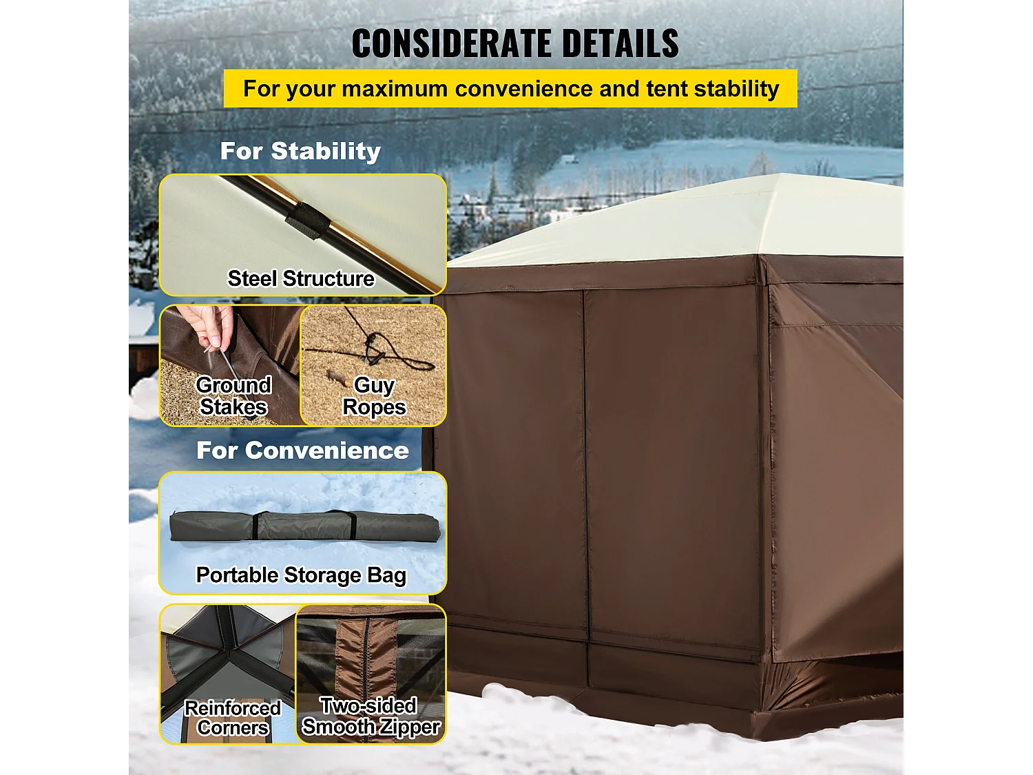 Tent SucceBuy Gazebo Tuintent, 305 x 305 Cm 6-Zijdige Opvouwbare Kampeerschuilplaats met Gaasramen, Draagbare Draagtas en Grondpennen