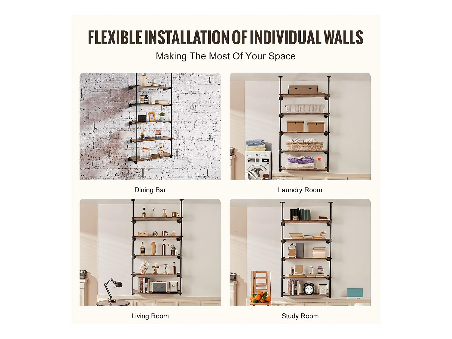 Industrieel Wandrek SucceBuy, 5 Niveaus, Set van 2, voor 25 cm Plank, Wandmontage, Opslag, Metaal