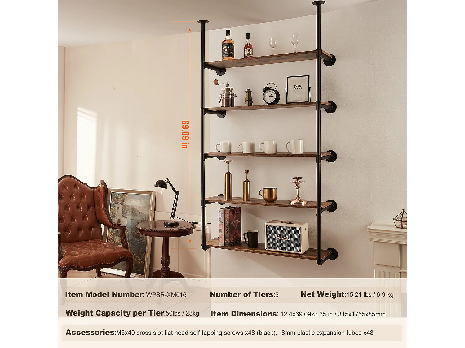 Étagère Murale Tuyau Industrielle SucceBuy, 5 Niveaux, Lot de 2, pour Planche 25 cm, Montage Mural, Rangement, Métal