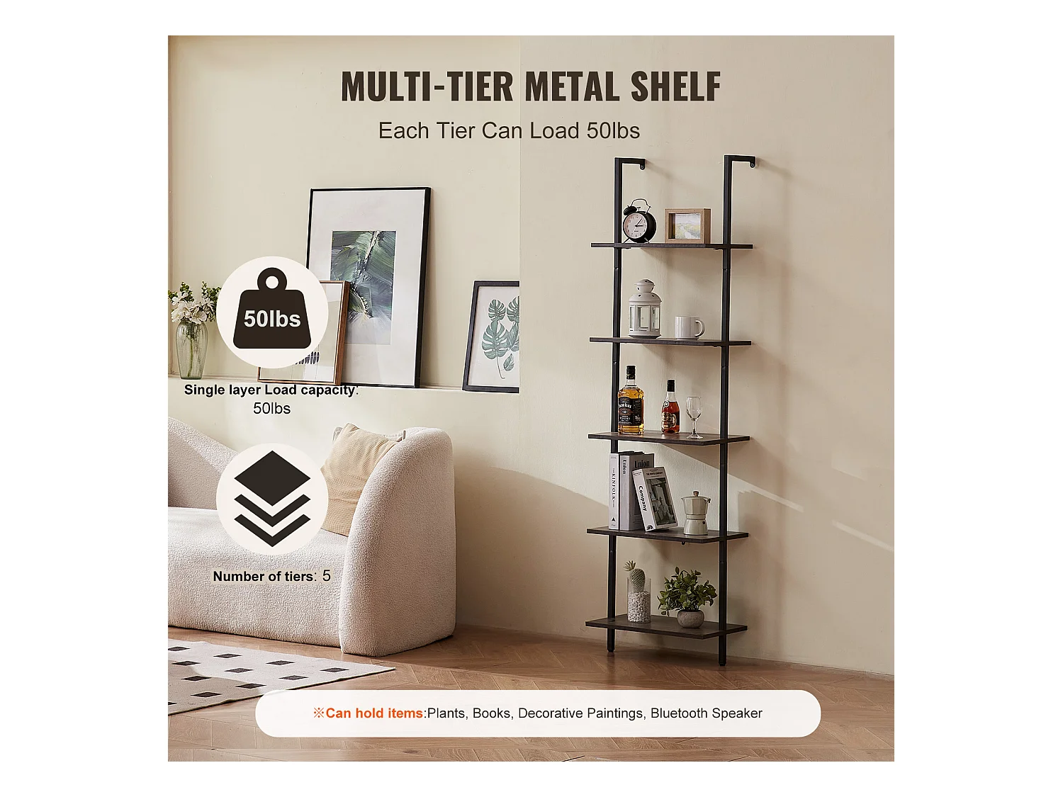 Étagère Mural Industrielle SucceBuy, 5 Niveaux,48x30 cm, Montage Mural, Bois Rustique, Rangement, Noir