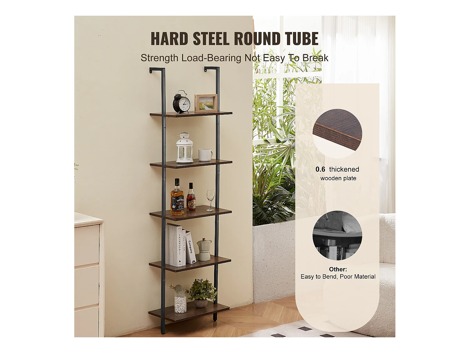 Étagère Mural Industrielle SucceBuy, 5 Niveaux,48x30 cm, Montage Mural, Bois Rustique, Rangement, Noir