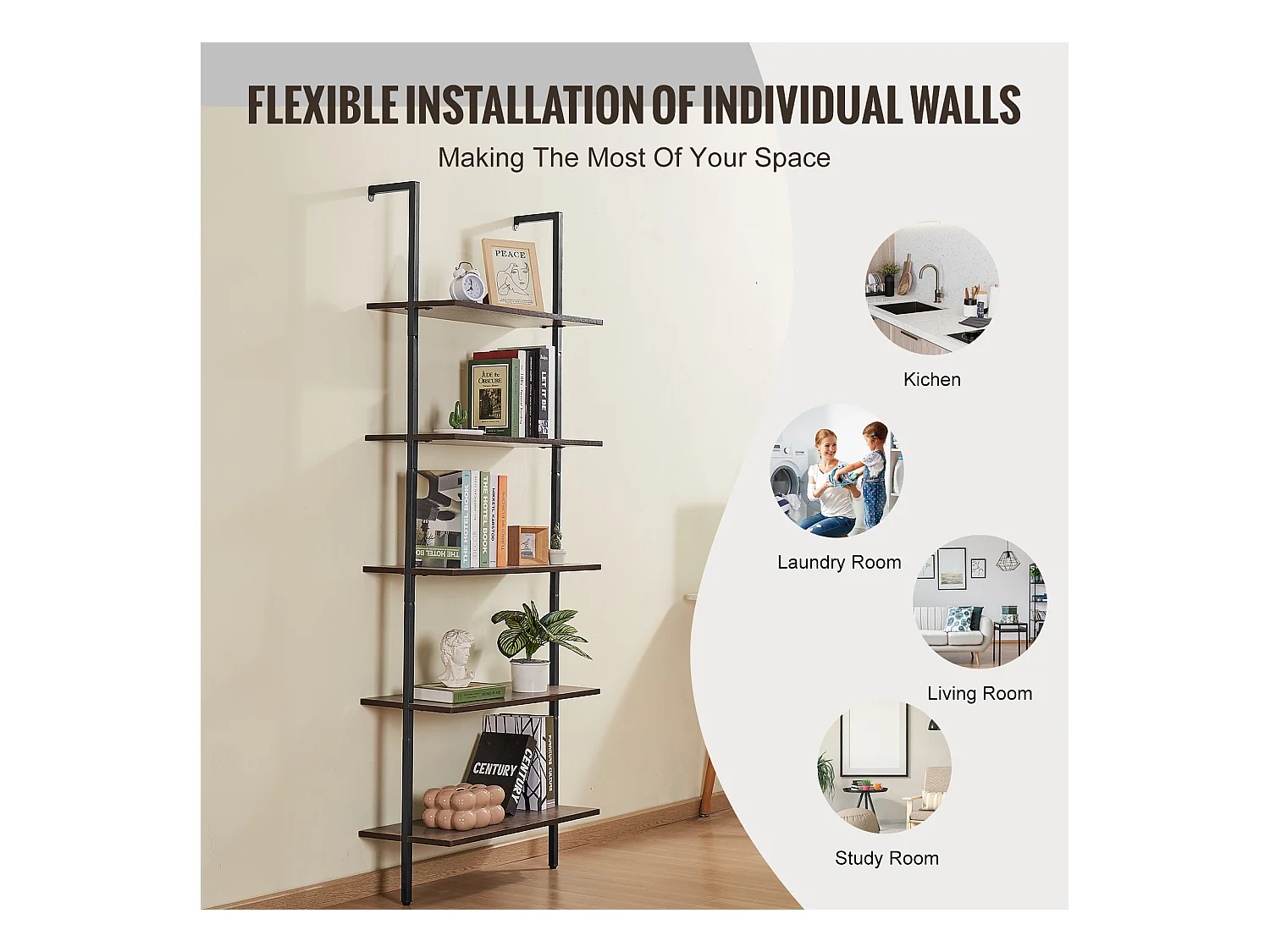 Étagère Mural Industrielle SucceBuy, 5 Niveaux,48x30 cm, Montage Mural, Bois Rustique, Rangement, Noir