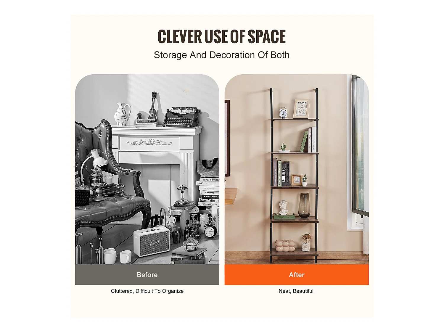 Étagère Mural Industrielle SucceBuy, 5 Niveaux,48x30 cm, Montage Mural, Bois Rustique, Rangement, Noir