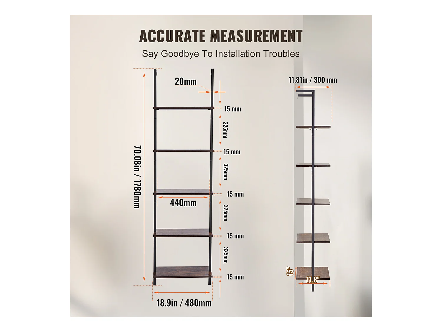 Étagère Mural Industrielle SucceBuy, 5 Niveaux,48x30 cm, Montage Mural, Bois Rustique, Rangement, Noir