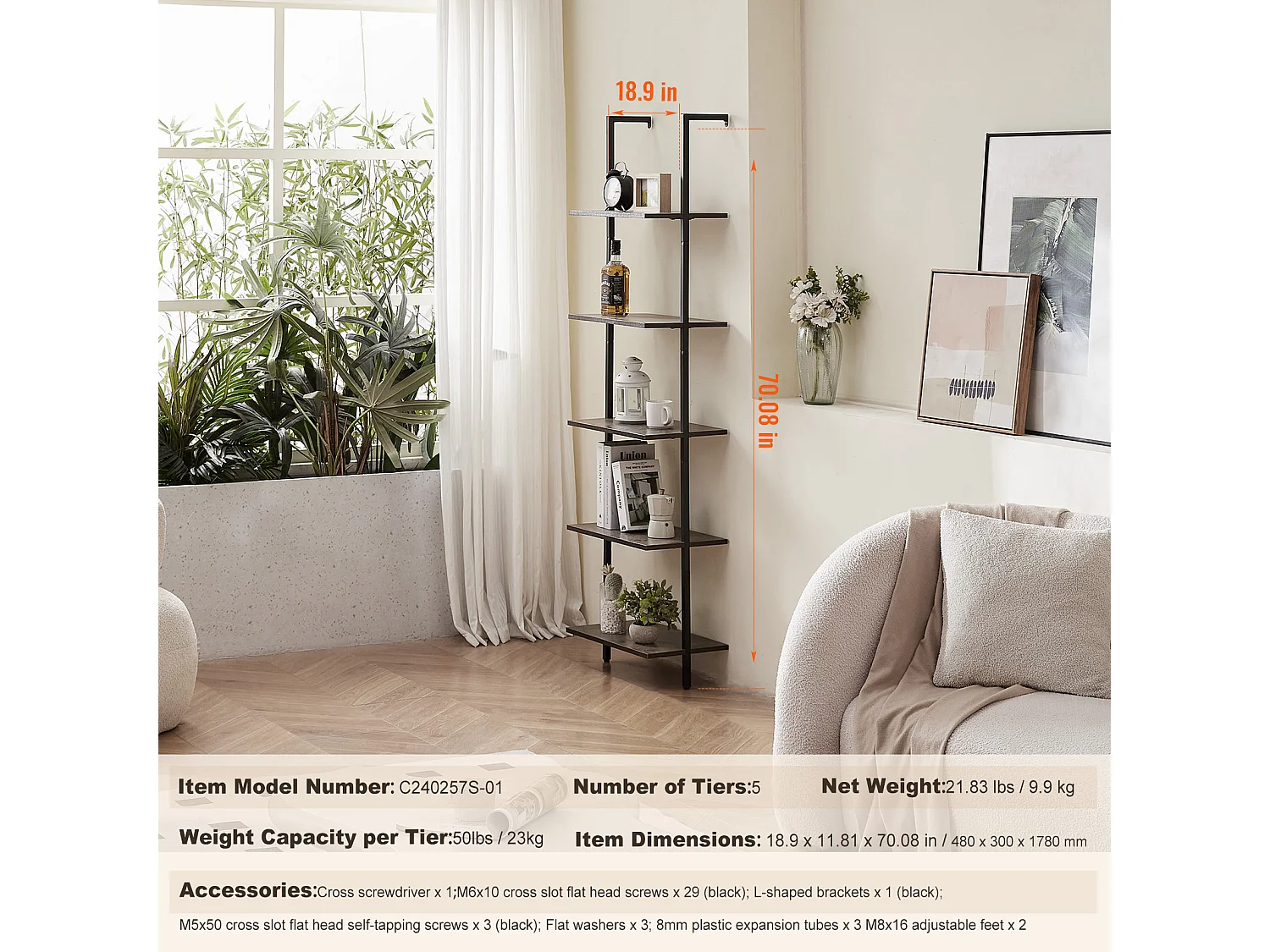 Étagère Mural Industrielle SucceBuy, 5 Niveaux,48x30 cm, Montage Mural, Bois Rustique, Rangement, Noir