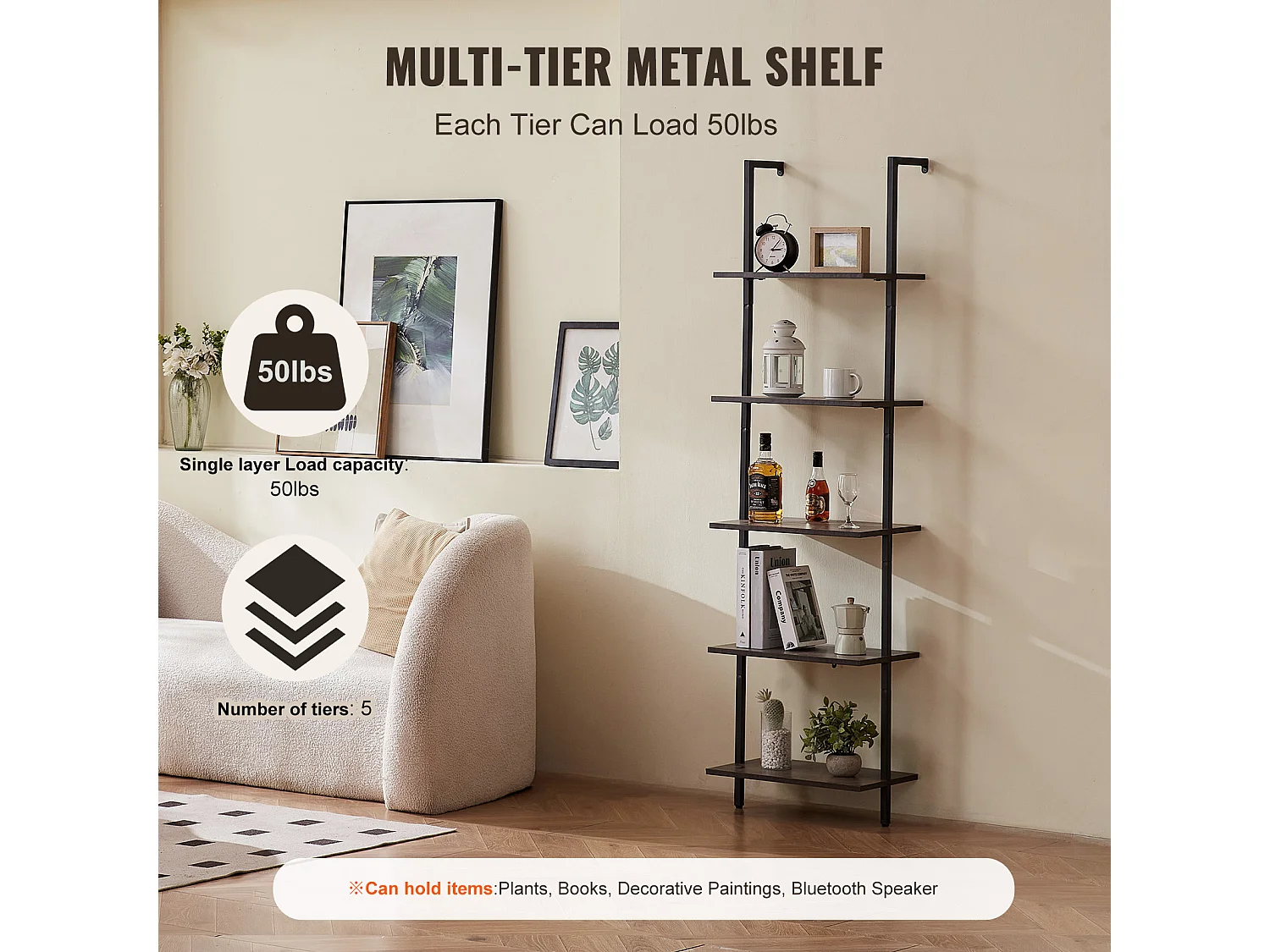 Étagère Mural Industrielle SucceBuy, 5 Niveaux,48x30 cm, Montage Mural, Bois Rustique, Rangement, Noir