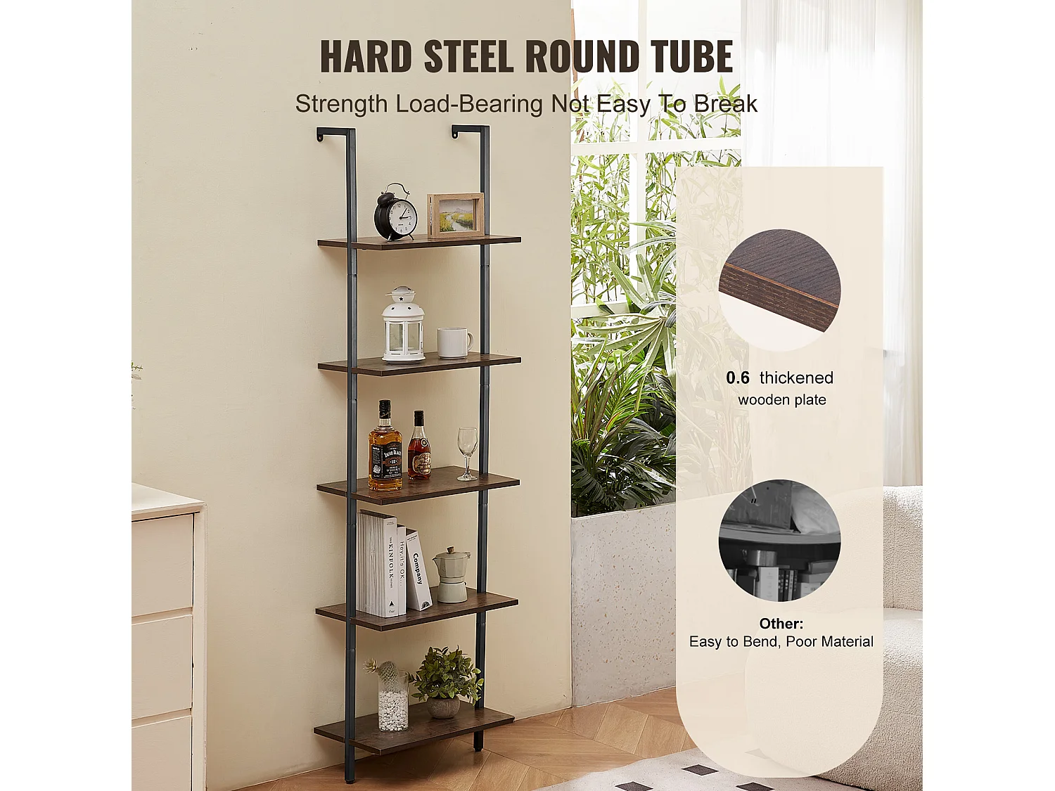 Étagère Mural Industrielle SucceBuy, 5 Niveaux,48x30 cm, Montage Mural, Bois Rustique, Rangement, Noir