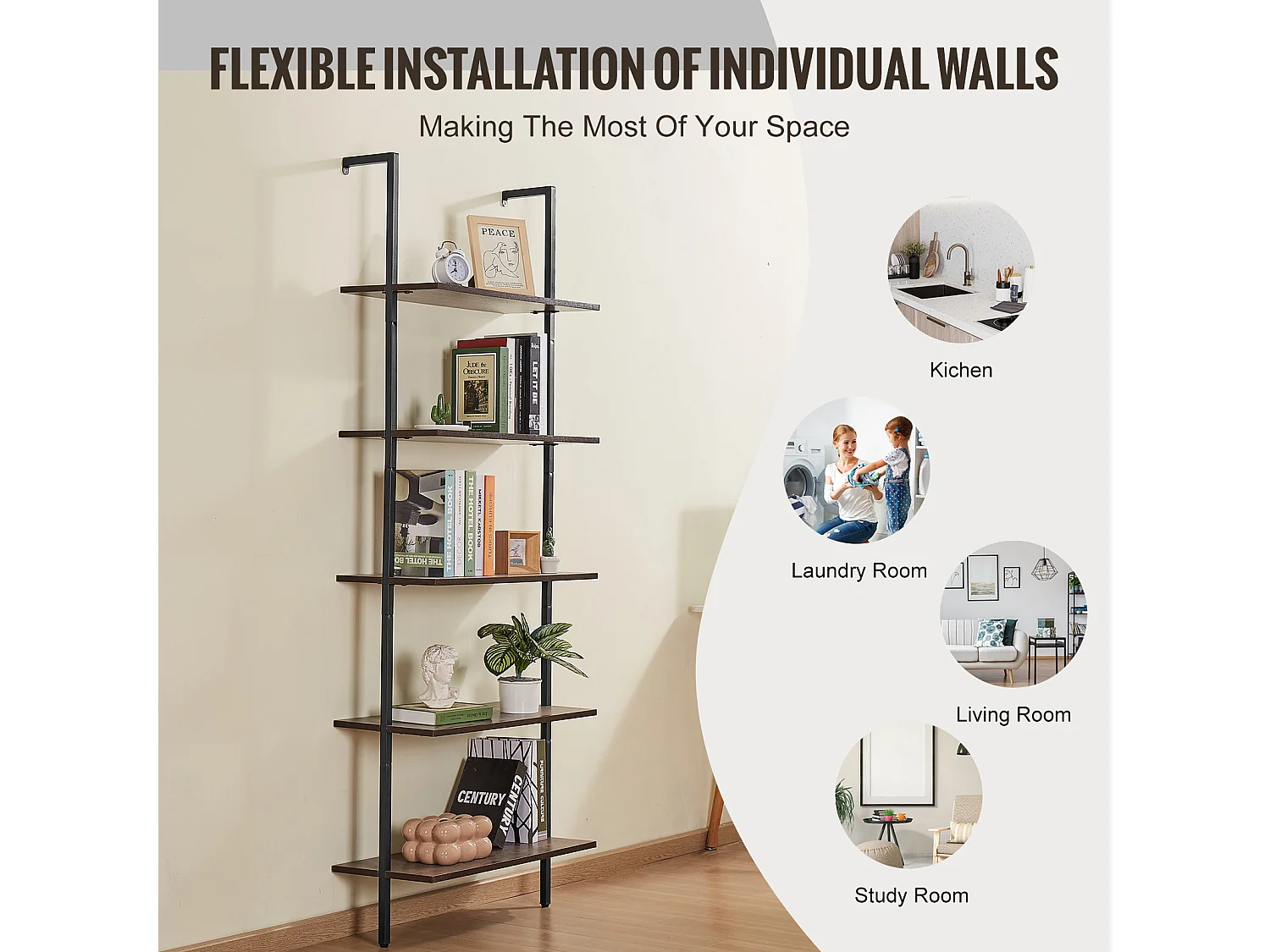Étagère Mural Industrielle SucceBuy, 5 Niveaux,48x30 cm, Montage Mural, Bois Rustique, Rangement, Noir