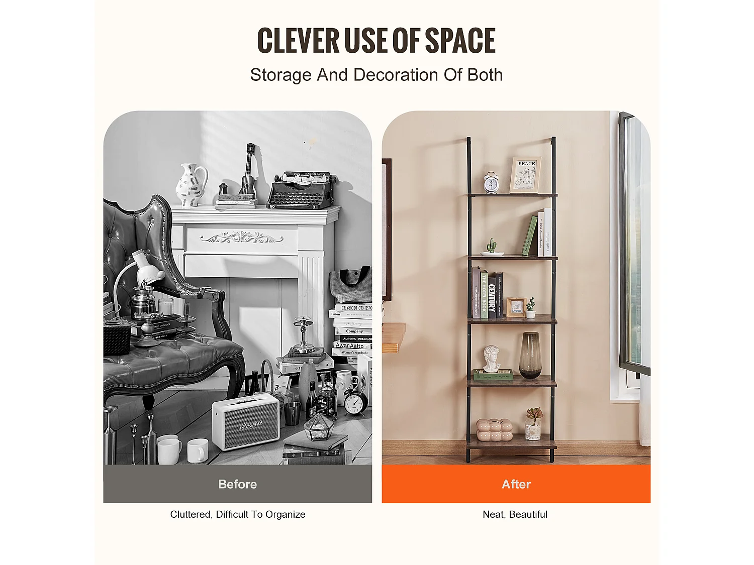 Étagère Mural Industrielle SucceBuy, 5 Niveaux,48x30 cm, Montage Mural, Bois Rustique, Rangement, Noir