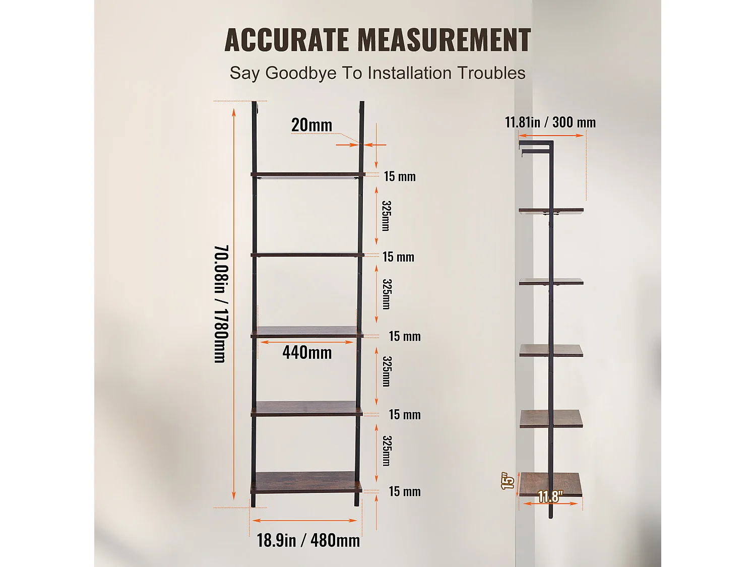 Étagère Mural Industrielle SucceBuy, 5 Niveaux,48x30 cm, Montage Mural, Bois Rustique, Rangement, Noir