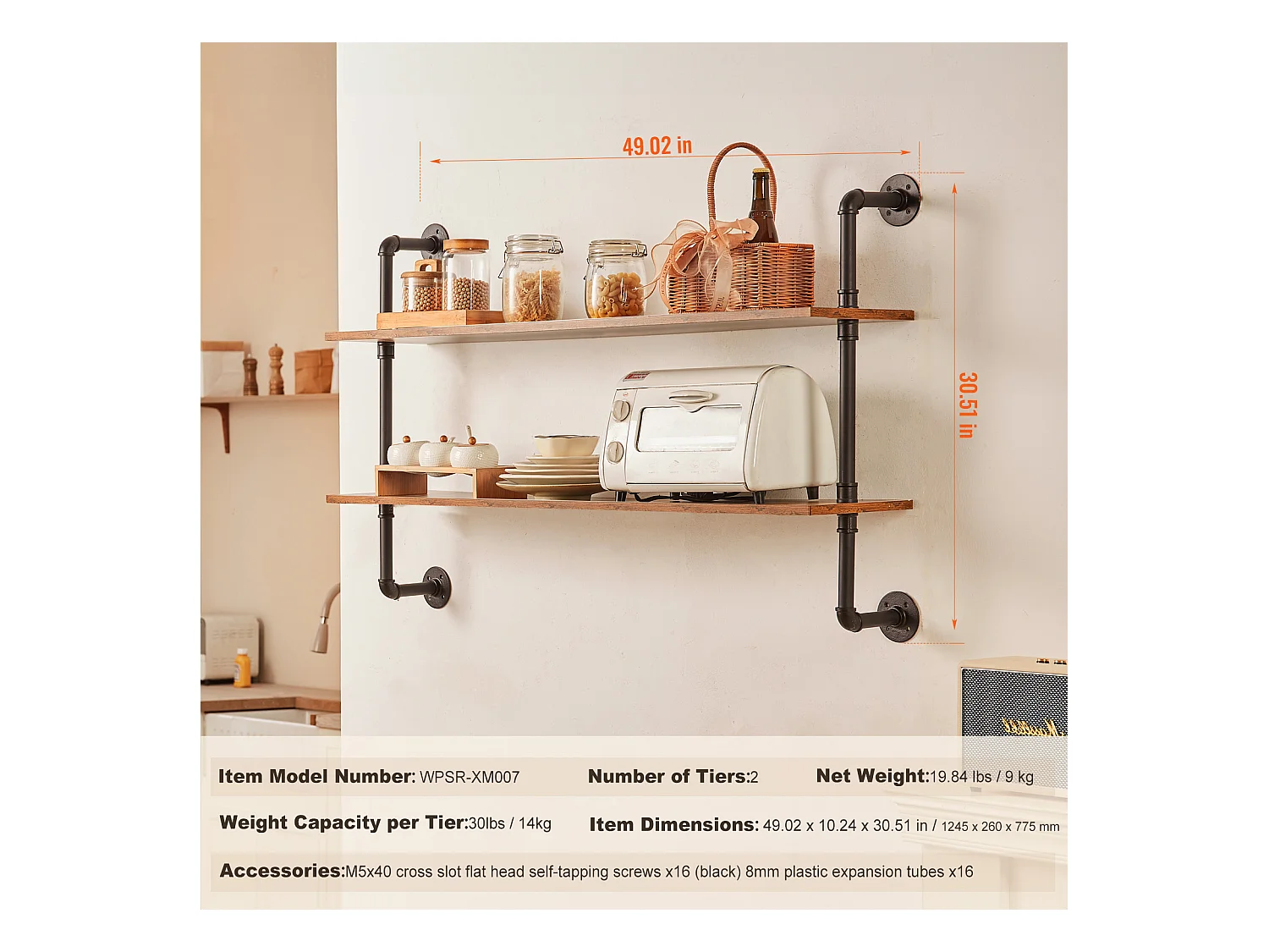 Étagère Murale Tuyau Industrielle SucceBuy, 124,5x26 cm, 2 Niveaux, Support de Rangement Mural en Bois Rustique, Noir