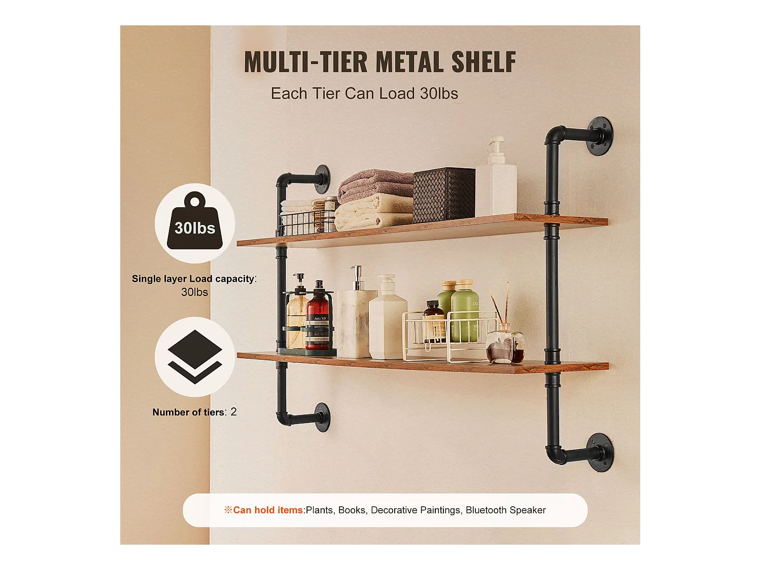 Étagère Murale Tuyau Industrielle SucceBuy, 124,5x26 cm, 2 Niveaux, Support de Rangement Mural en Bois Rustique, Noir