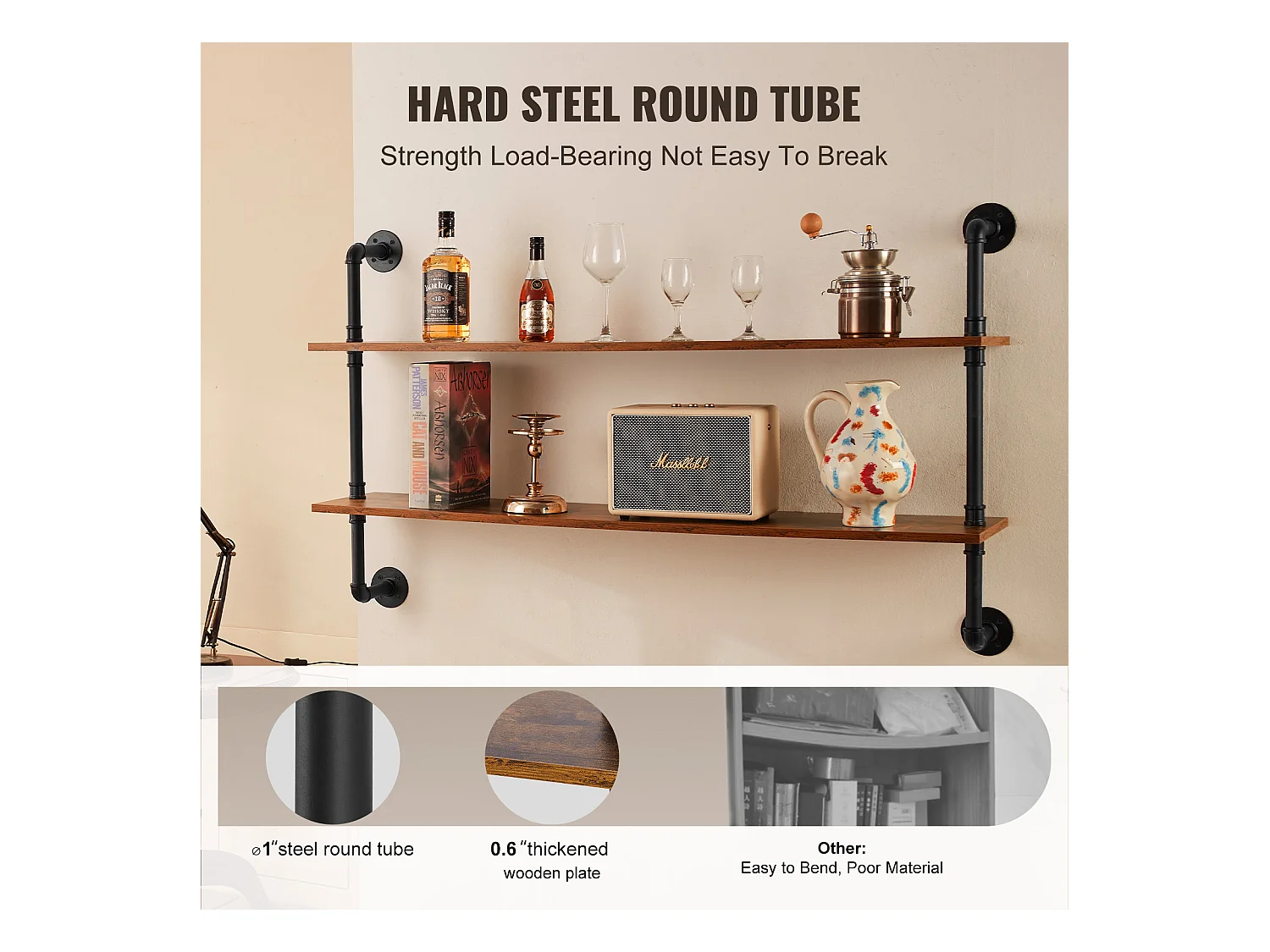 Étagère Murale Tuyau Industrielle SucceBuy, 124,5x26 cm, 2 Niveaux, Support de Rangement Mural en Bois Rustique, Noir