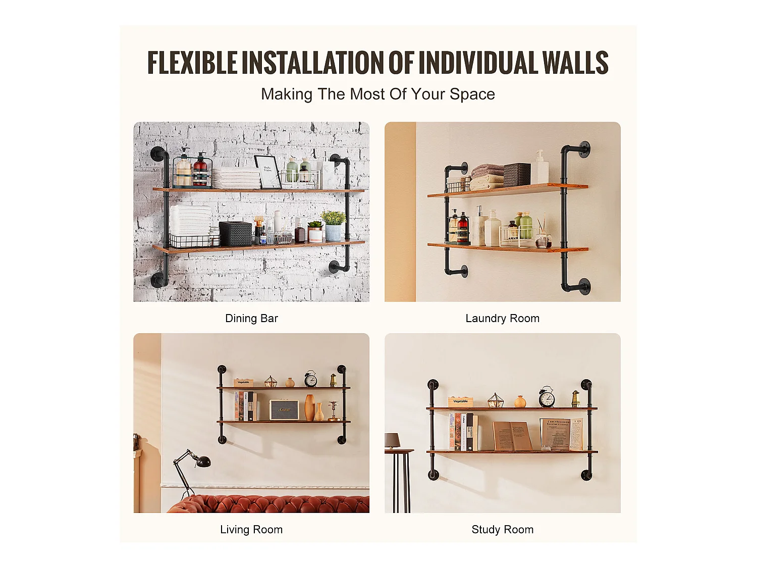 Étagère Murale Tuyau Industrielle SucceBuy, 124,5x26 cm, 2 Niveaux, Support de Rangement Mural en Bois Rustique, Noir