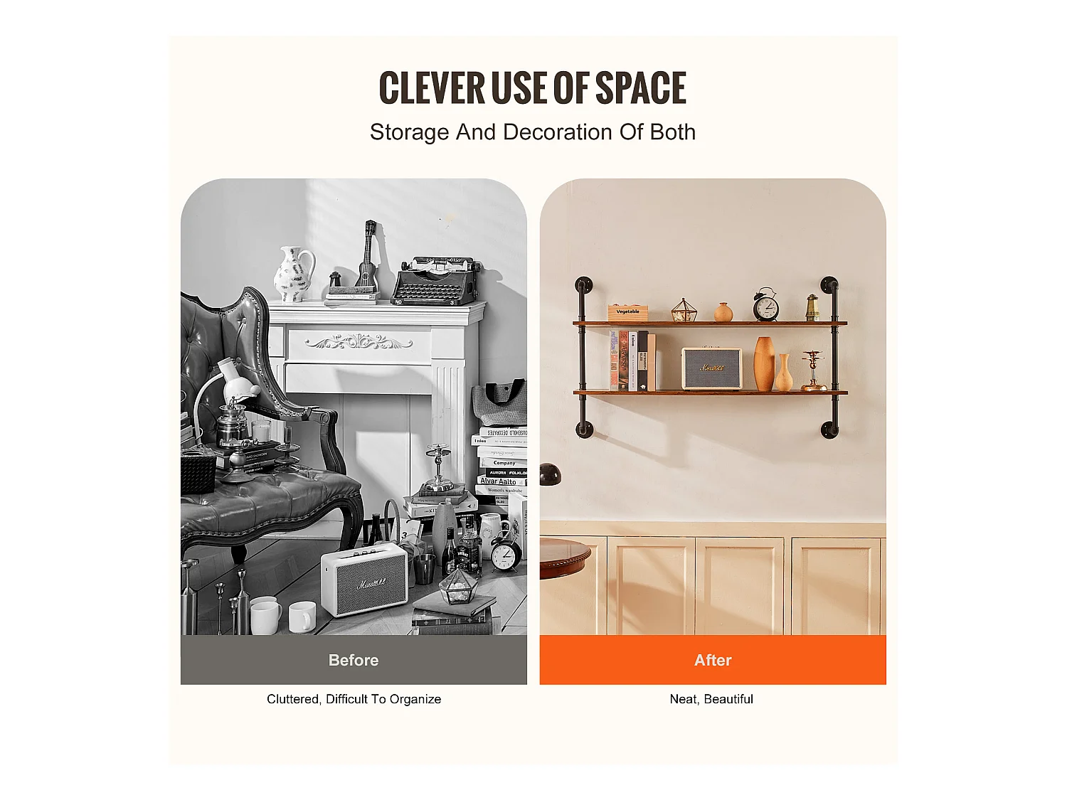 Étagère Murale Tuyau Industrielle SucceBuy, 124,5x26 cm, 2 Niveaux, Support de Rangement Mural en Bois Rustique, Noir