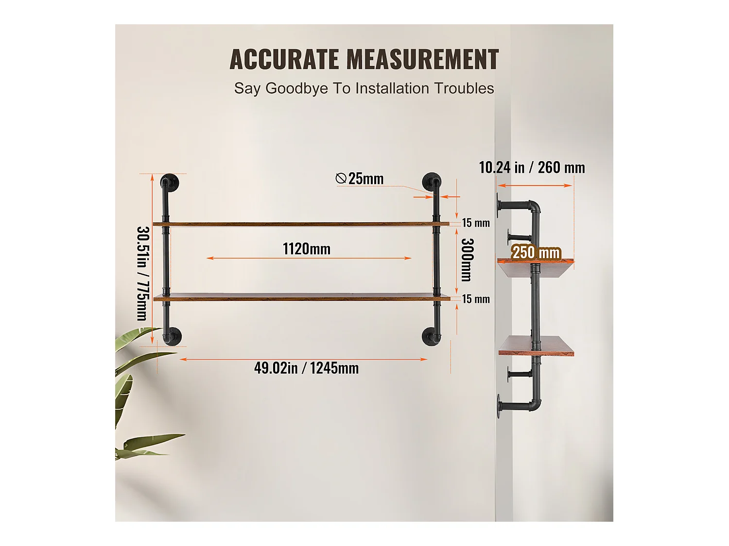 Étagère Murale Tuyau Industrielle SucceBuy, 124,5x26 cm, 2 Niveaux, Support de Rangement Mural en Bois Rustique, Noir