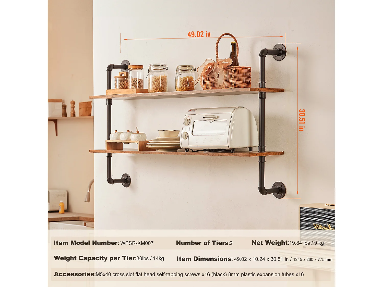 Étagère Murale Tuyau Industrielle SucceBuy, 124,5x26 cm, 2 Niveaux, Support de Rangement Mural en Bois Rustique, Noir