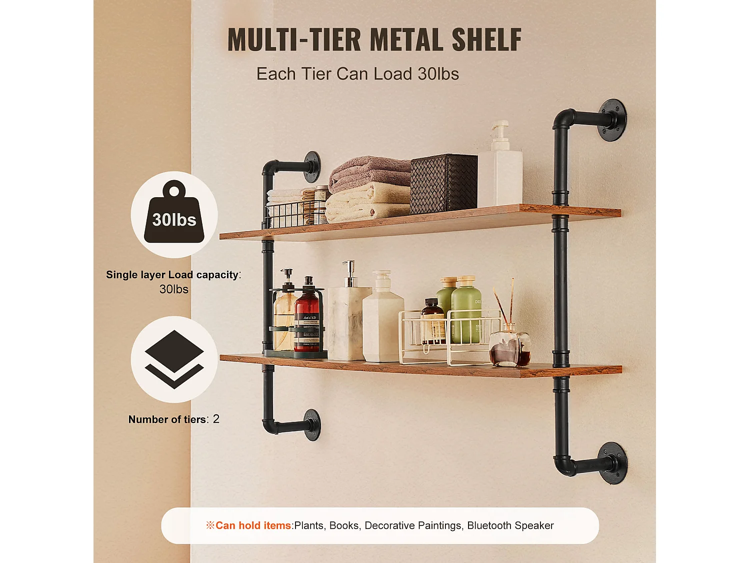 Étagère Murale Tuyau Industrielle SucceBuy, 124,5x26 cm, 2 Niveaux, Support de Rangement Mural en Bois Rustique, Noir