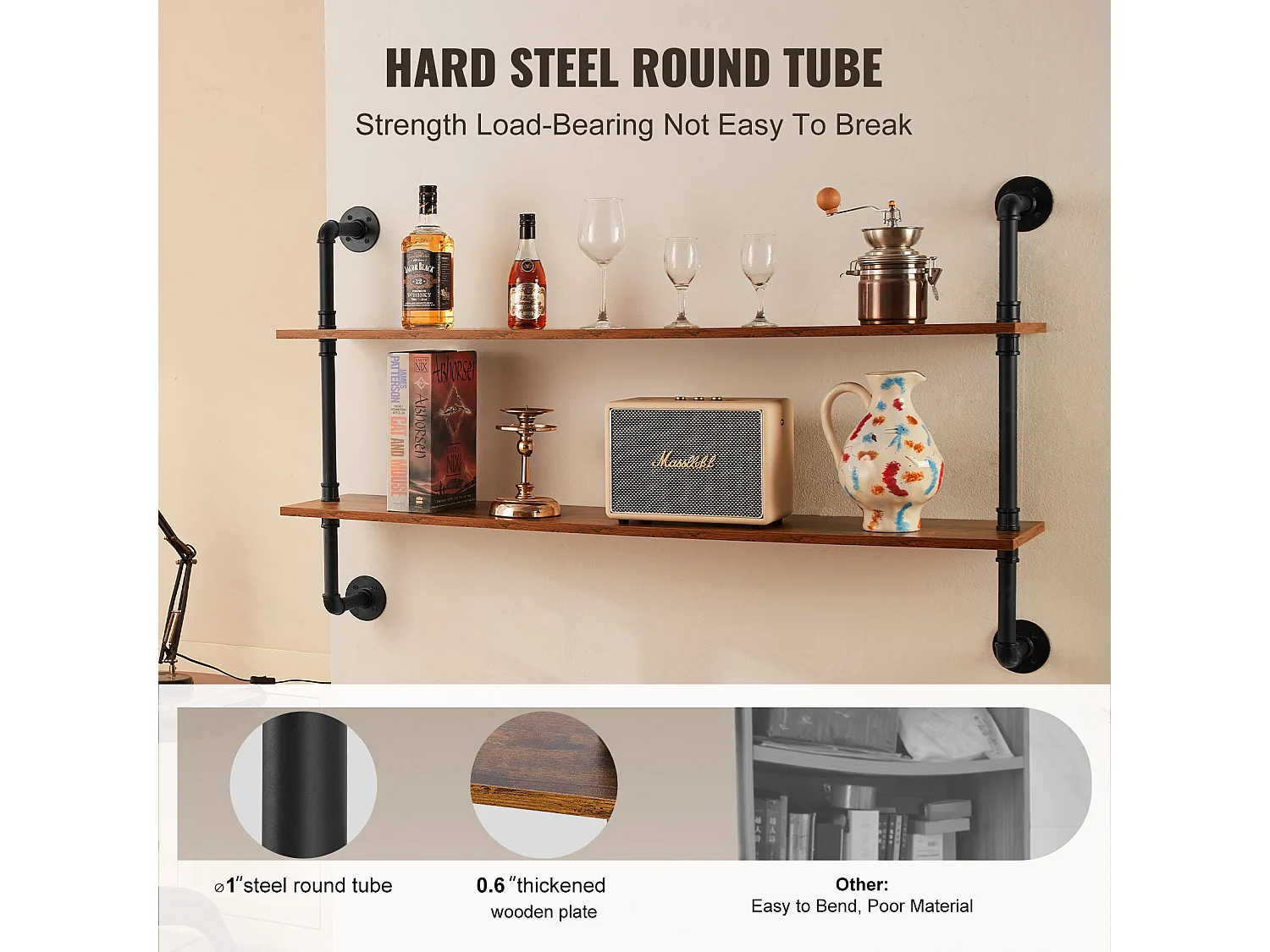 Étagère Murale Tuyau Industrielle SucceBuy, 124,5x26 cm, 2 Niveaux, Support de Rangement Mural en Bois Rustique, Noir