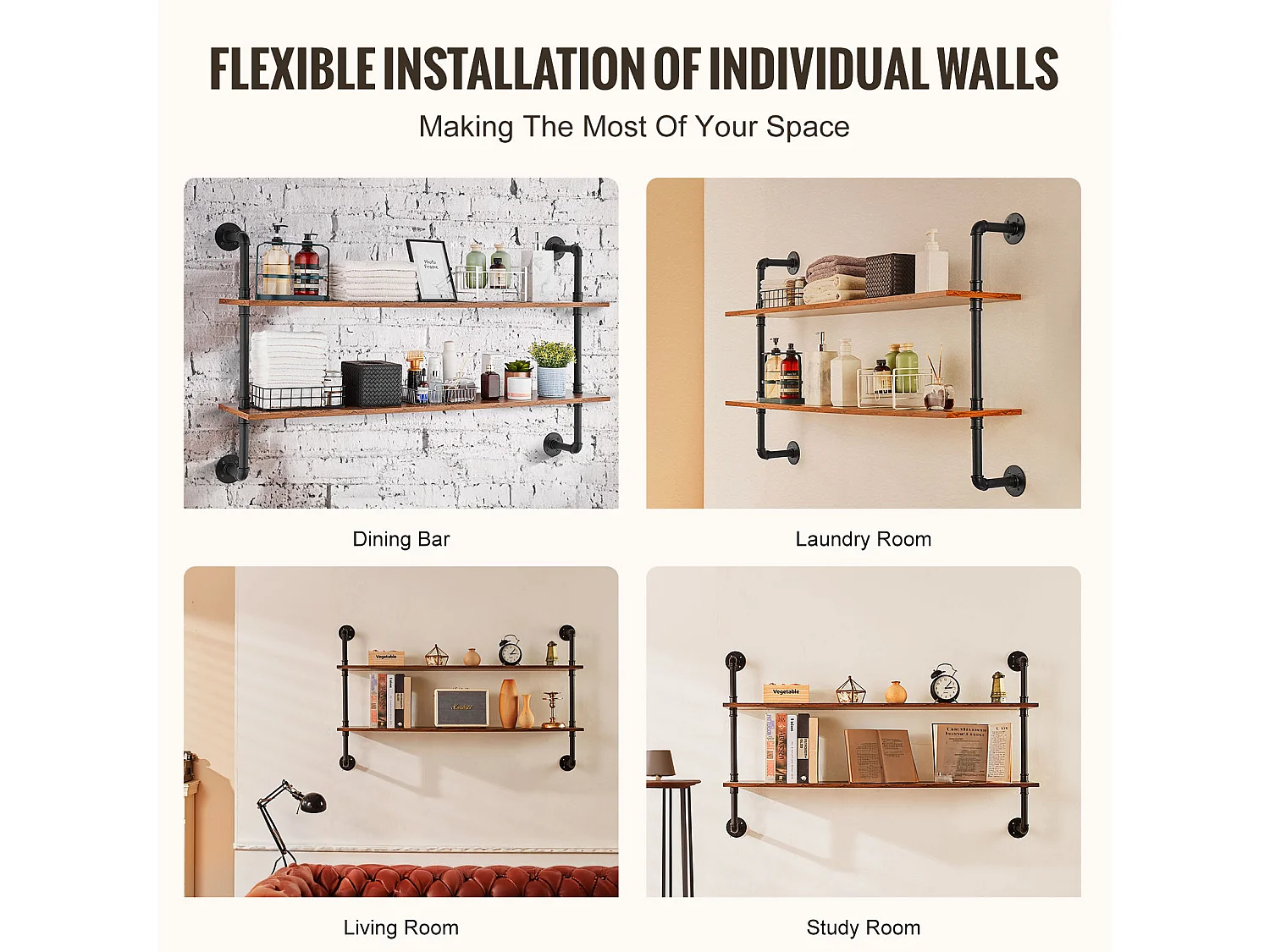 Étagère Murale Tuyau Industrielle SucceBuy, 124,5x26 cm, 2 Niveaux, Support de Rangement Mural en Bois Rustique, Noir