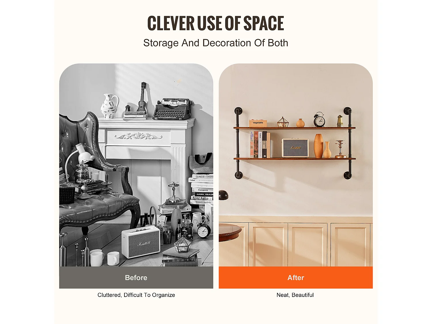 Étagère Murale Tuyau Industrielle SucceBuy, 124,5x26 cm, 2 Niveaux, Support de Rangement Mural en Bois Rustique, Noir