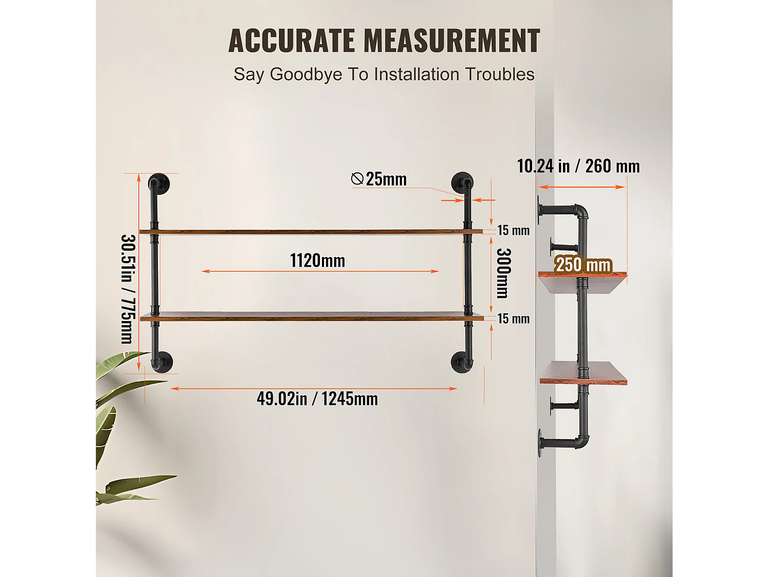 Étagère Murale Tuyau Industrielle SucceBuy, 124,5x26 cm, 2 Niveaux, Support de Rangement Mural en Bois Rustique, Noir